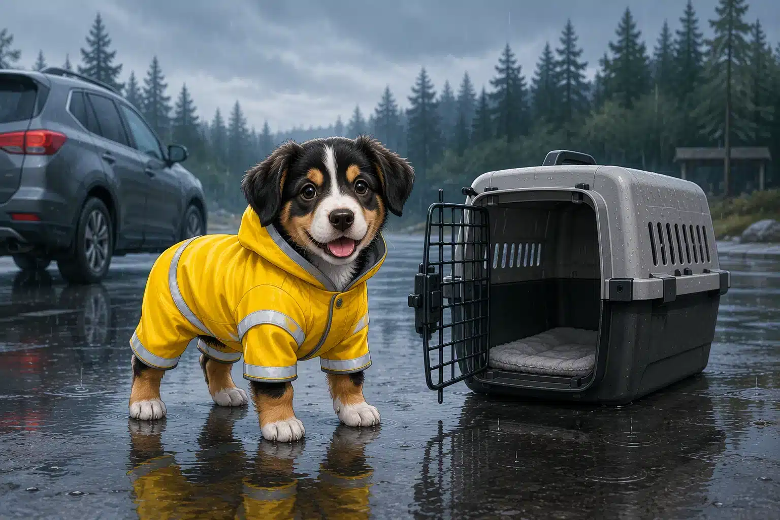 Puppy in bright raincoat beside travel crate