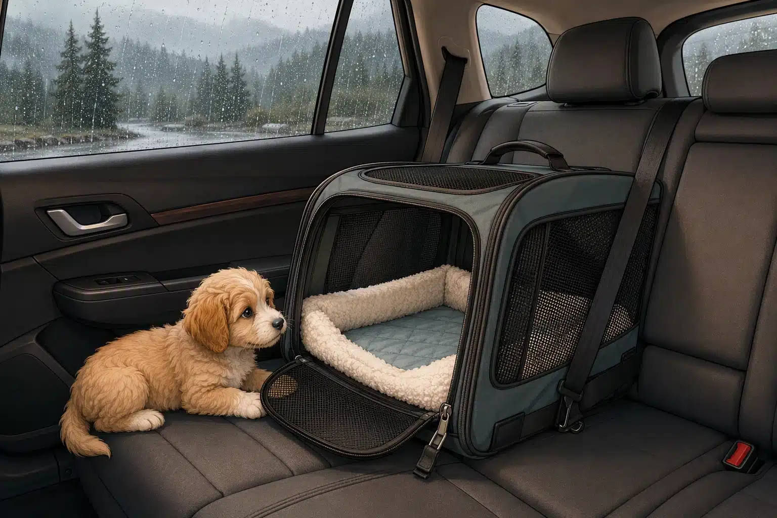 Open carrier with towel inside dry SUV