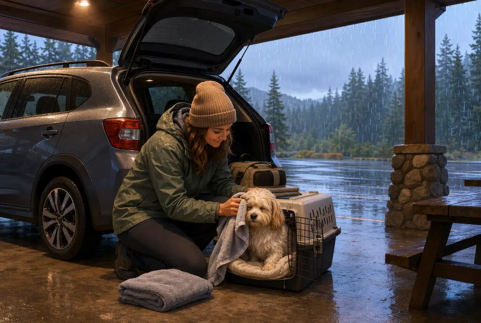 Warm puppy drying under covered rest stop awning