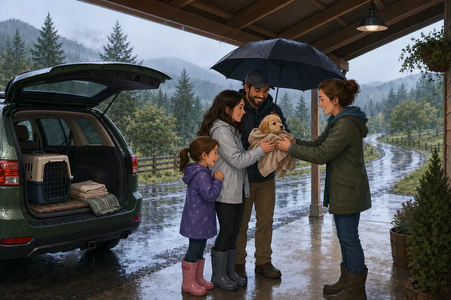 Family securing puppy in rain-ready SUV