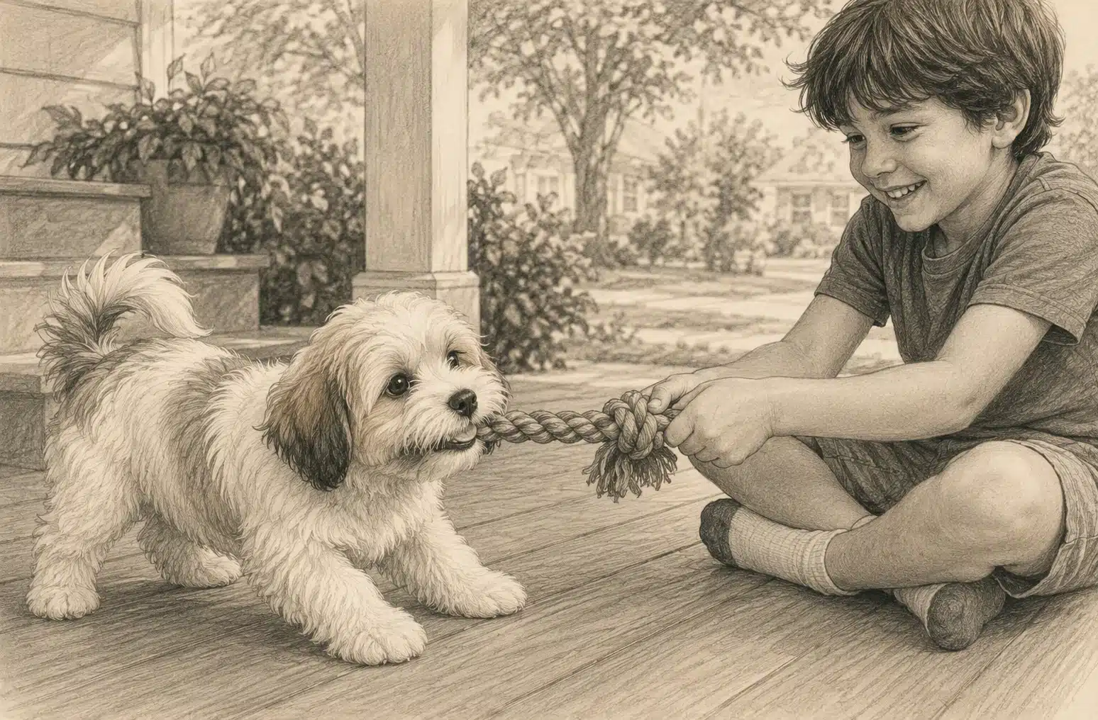 Havanese puppy and child playing tug on porch