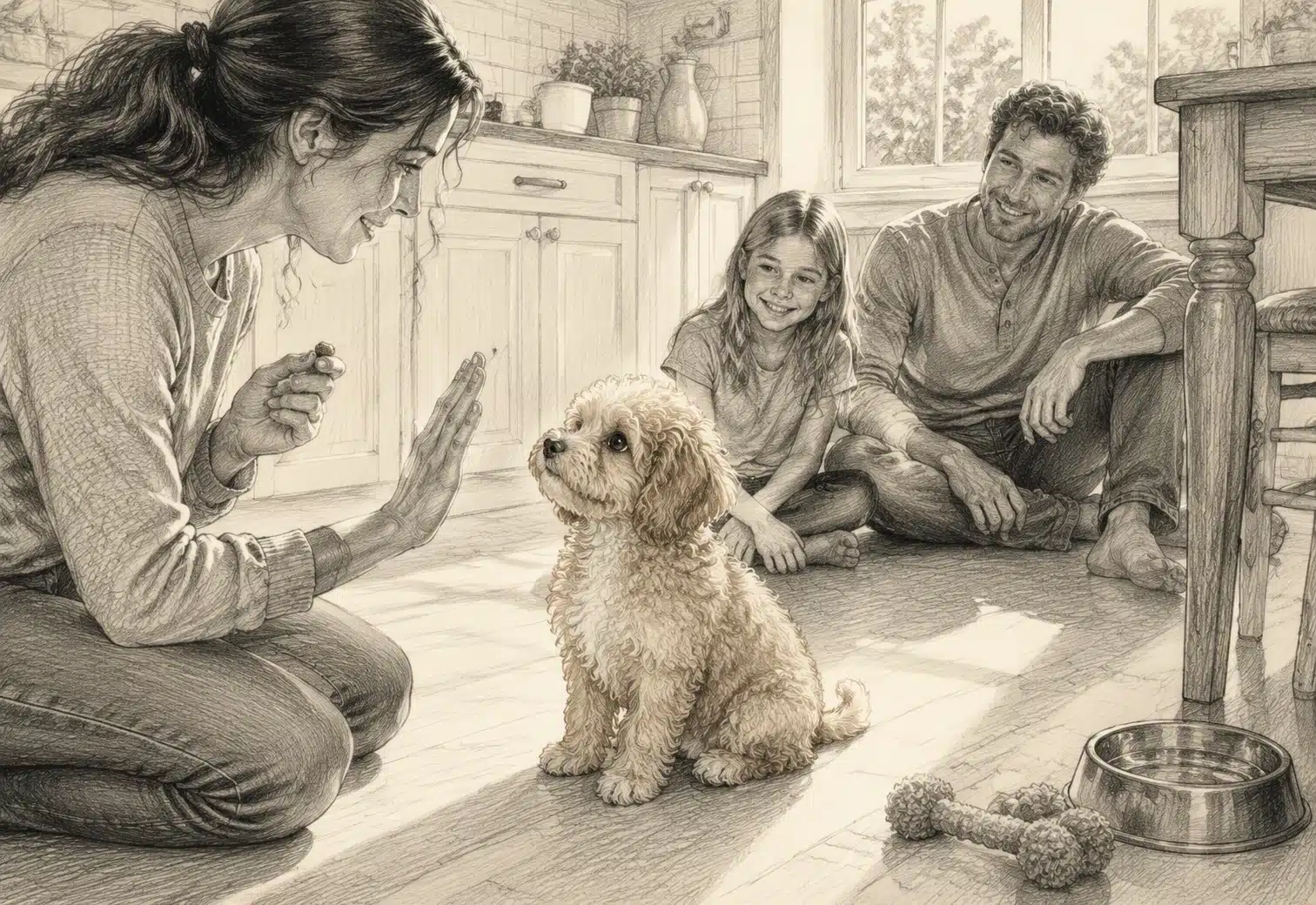 Curly Havapoo puppy learning sit beside family in kitchen