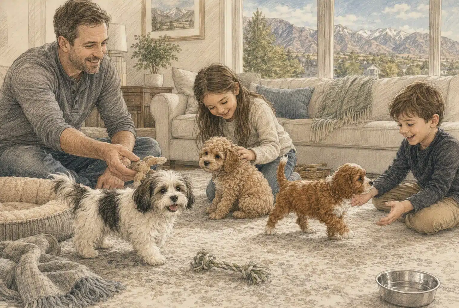 A family plays with three small puppies in a bright living room