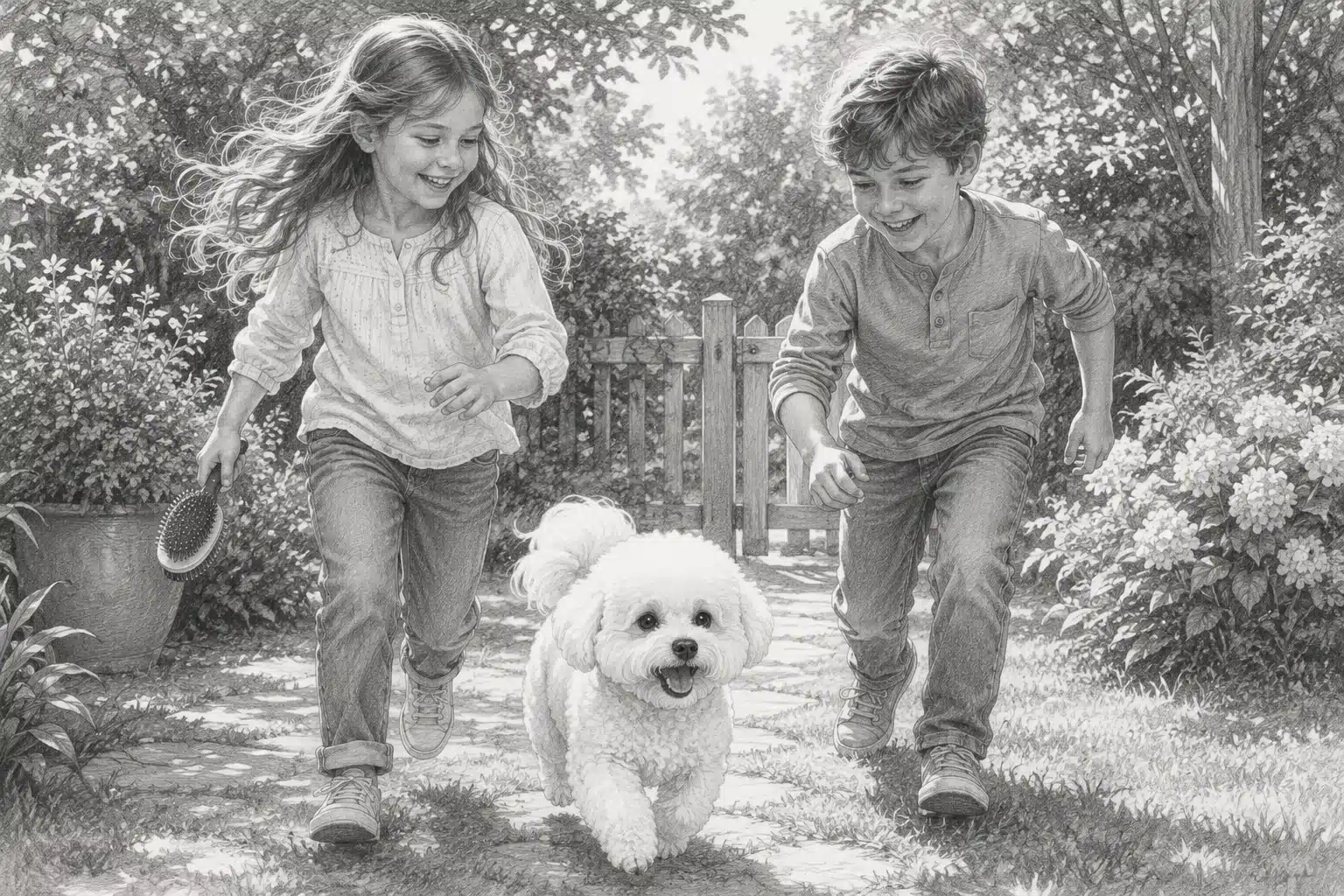 Pencil sketch of a fluffy Bichon Frise running beside children on a garden path