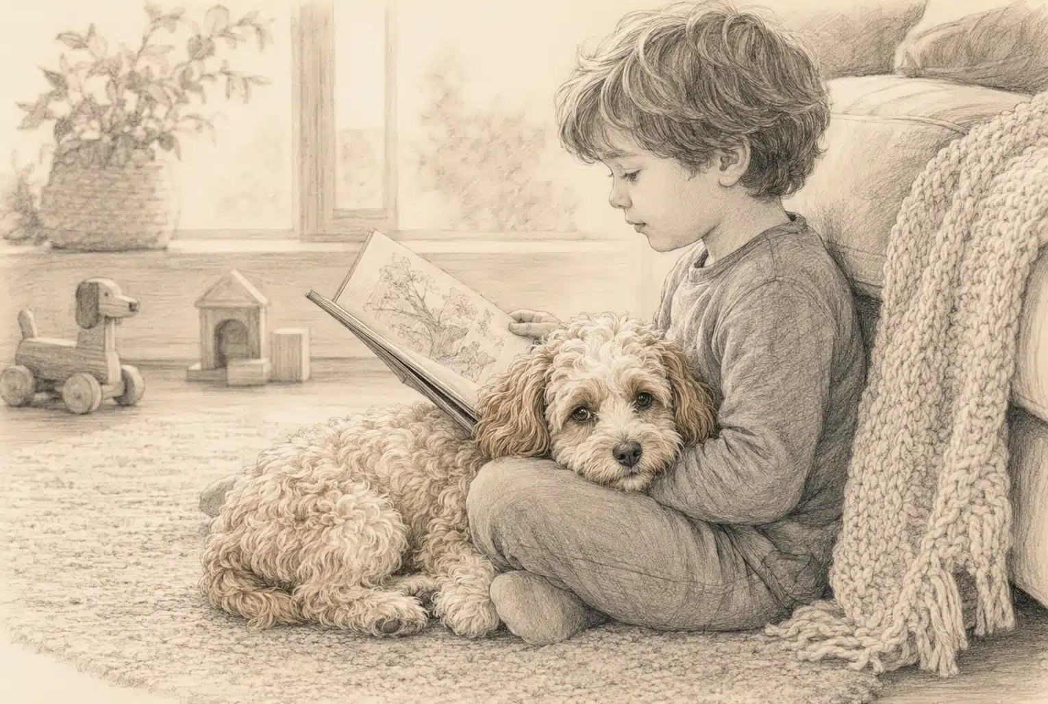 Pencil sketch of child reading with curly-coated Cavapoo