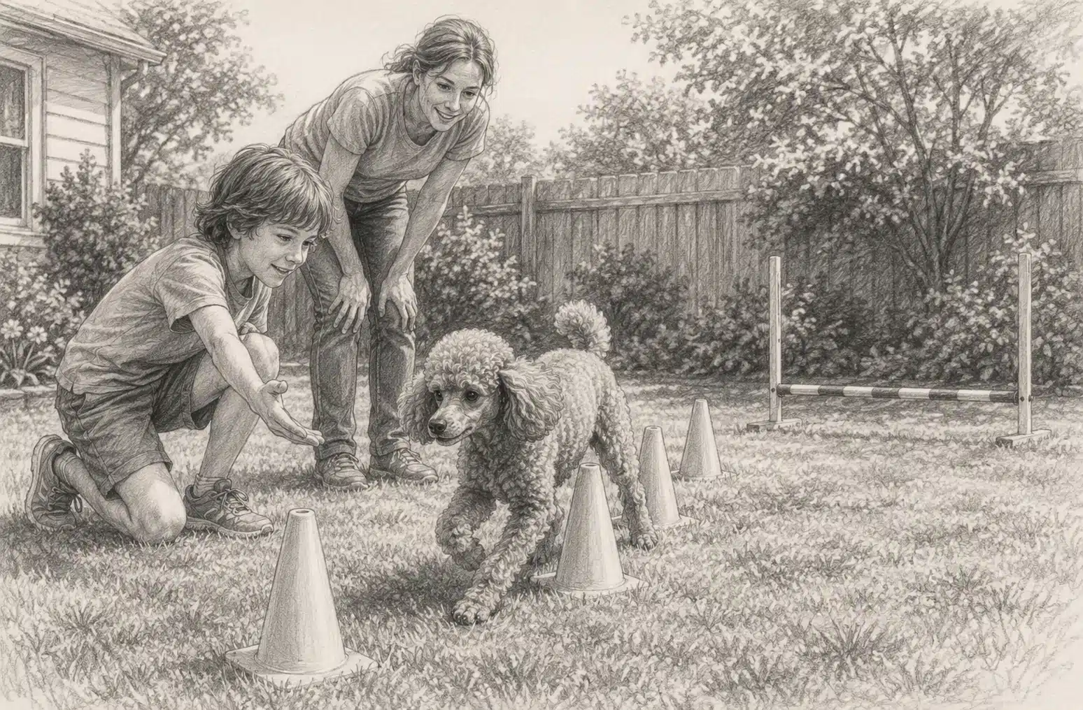 Poodle weaving cones as child trains