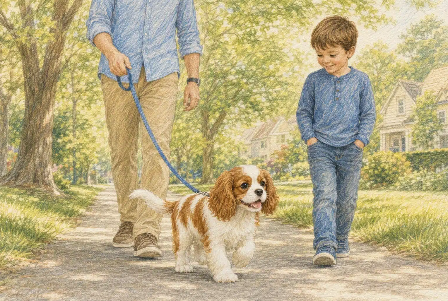 Pencil sketch of a Cavalier puppy walking beside a child on a leafy path
