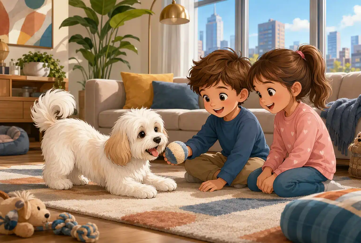 Havanese puppy playing with children in bright living room