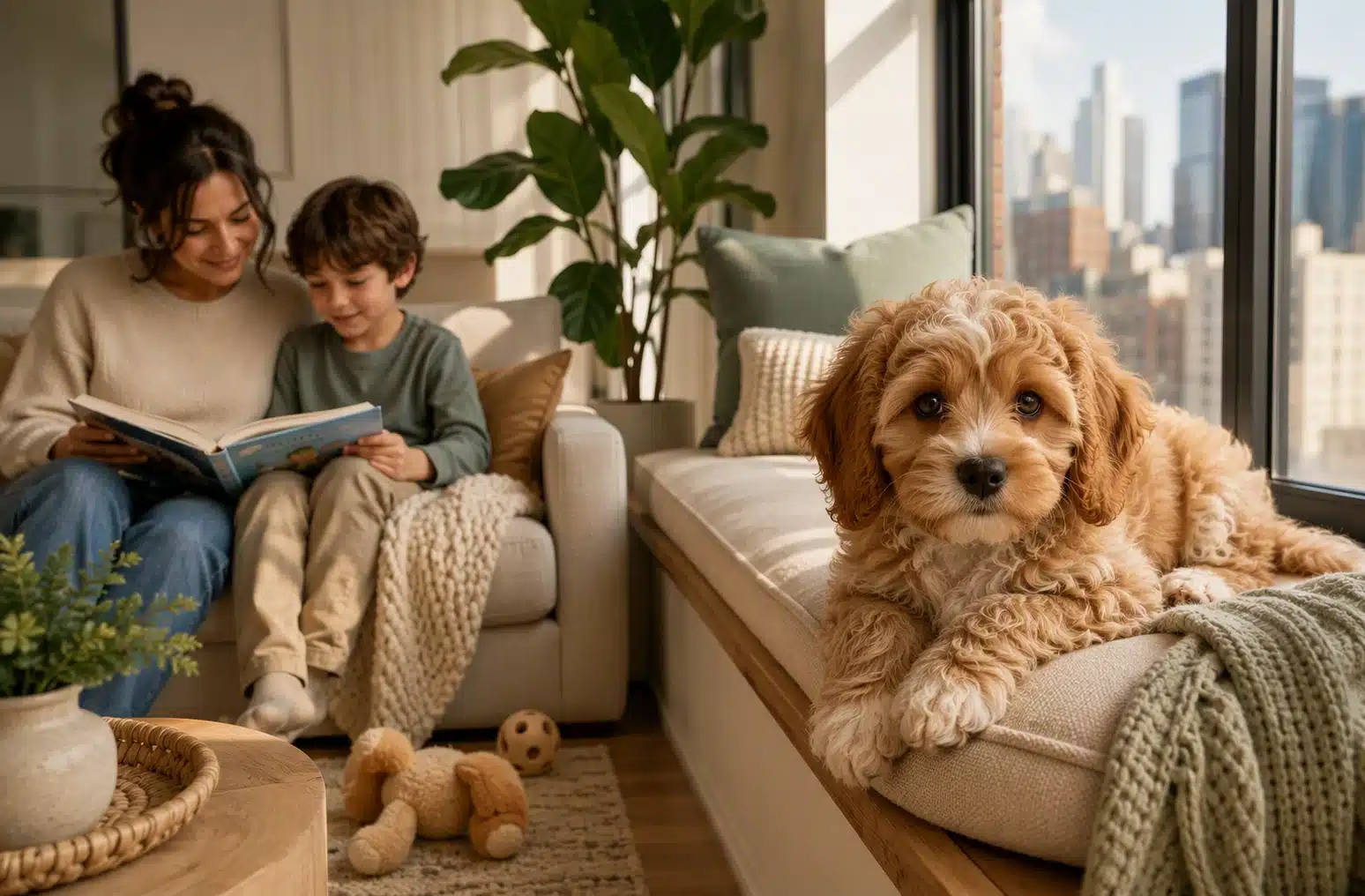 A Cavapoo puppy resting beside a family reading