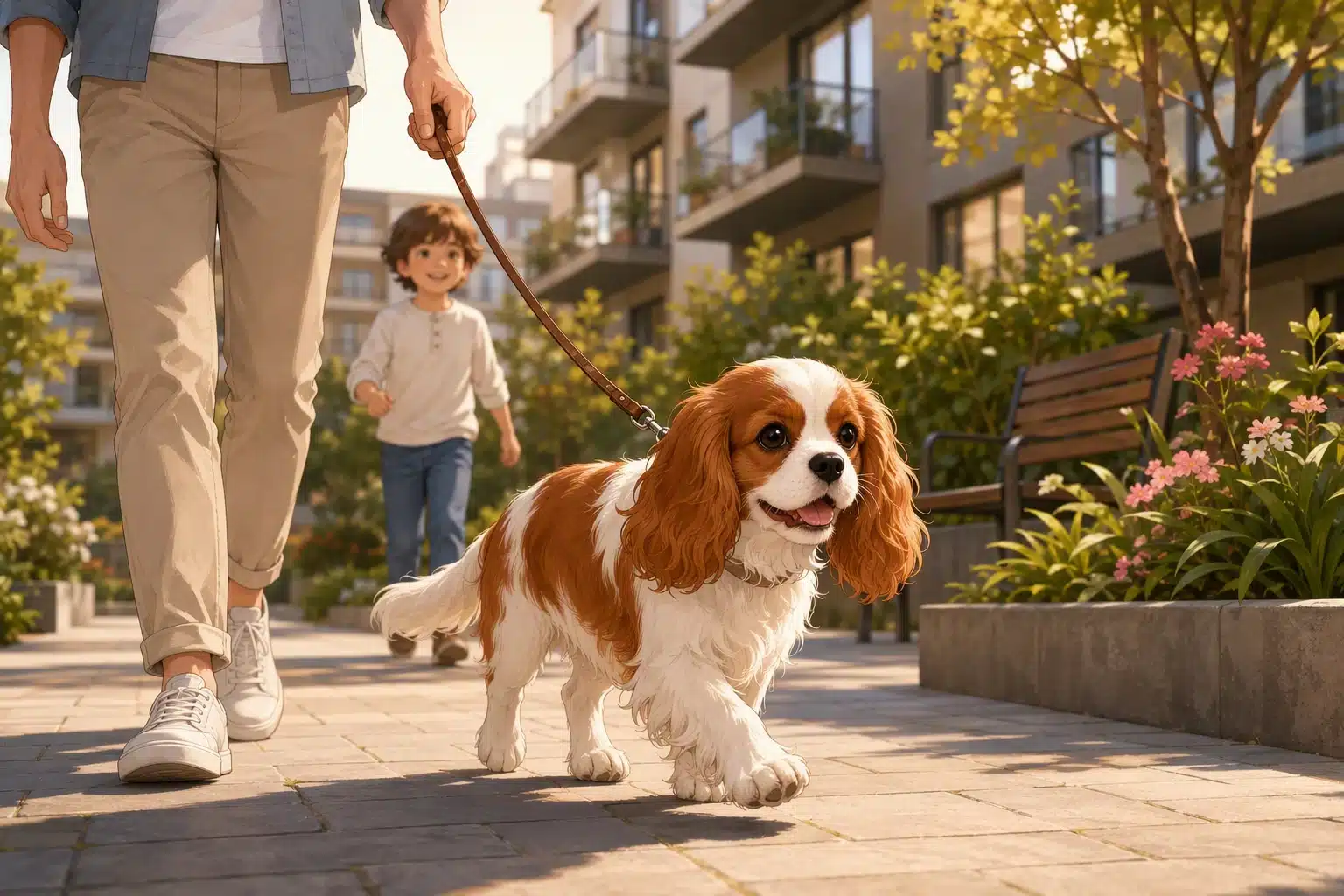 Cavalier spaniel puppy walking through sunny courtyard