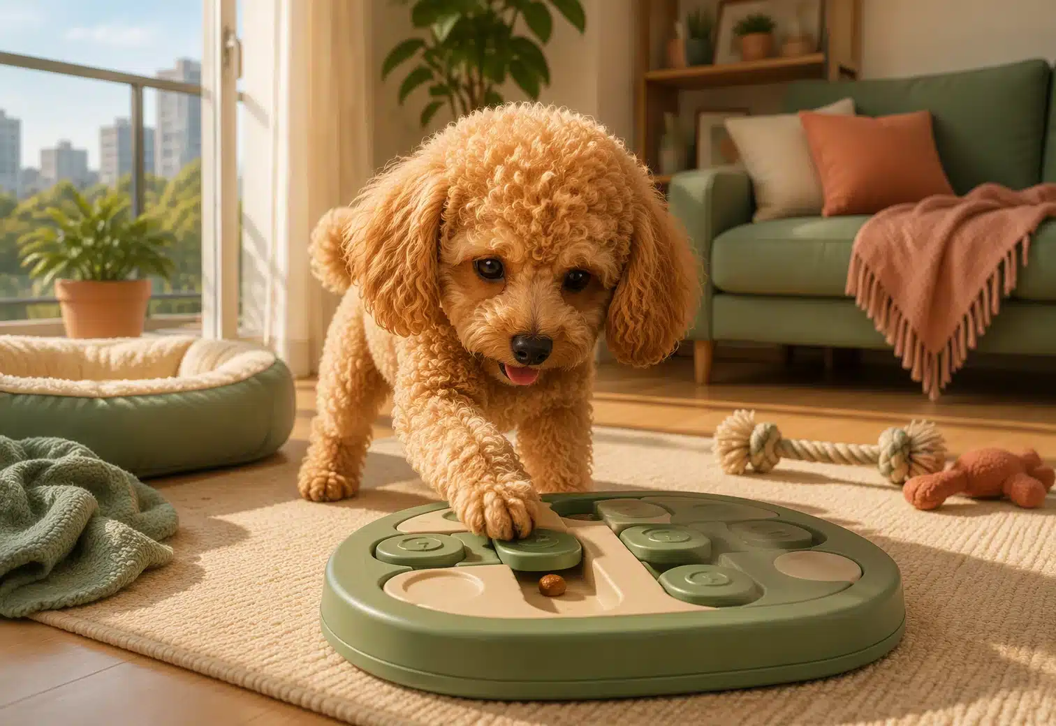 Curly poodle puppy solving treat puzzle by sunny balcony