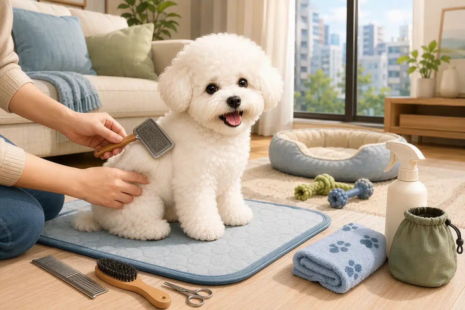 Fluffy white puppy brushed beside grooming tools
