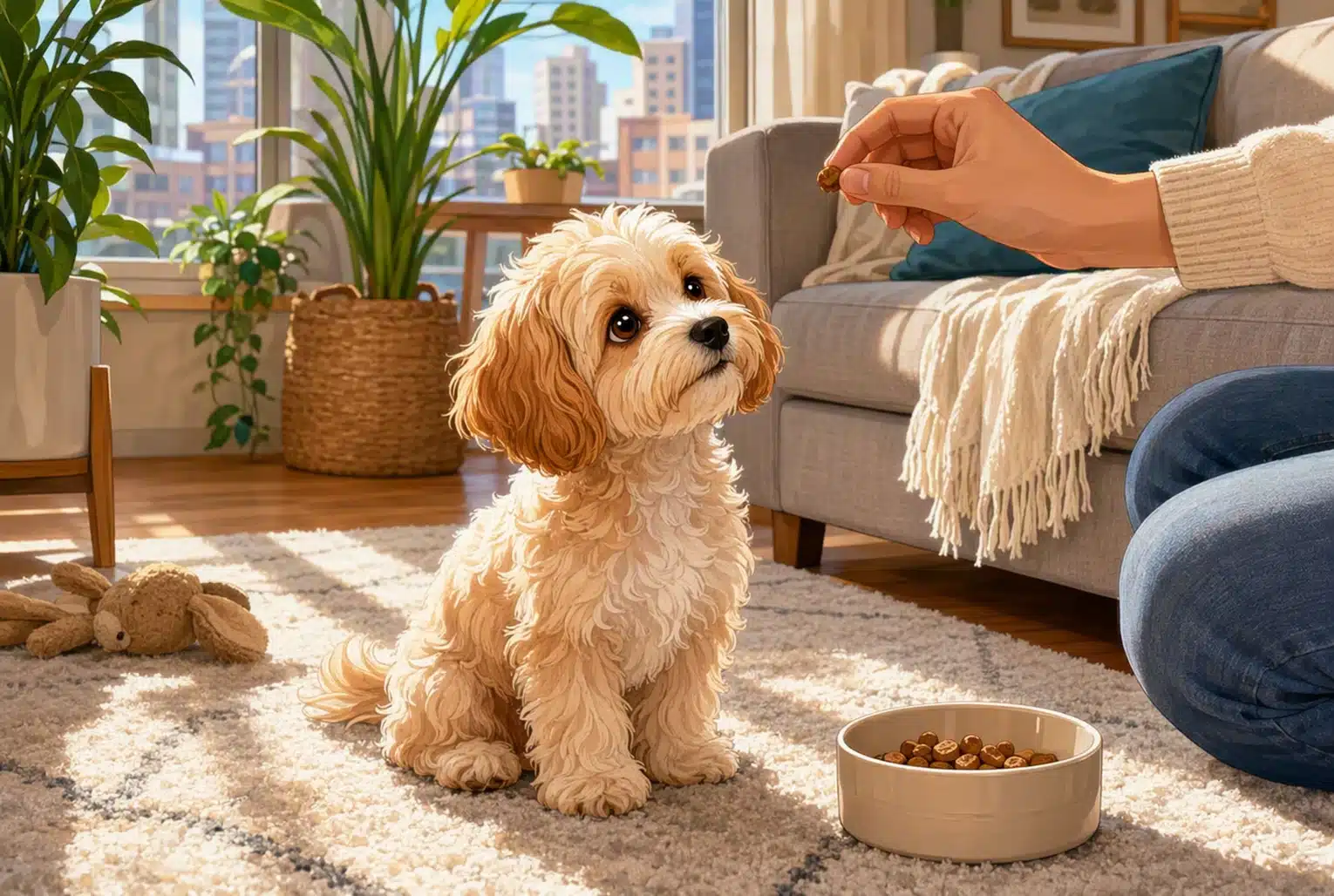 Sunlit apartment scene with Havapoo puppy practicing sit