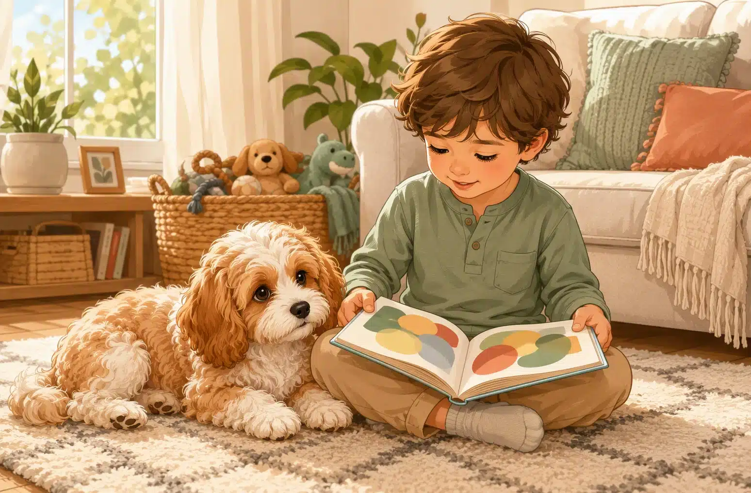 Cavapoo puppy resting beside a child reading on a rug