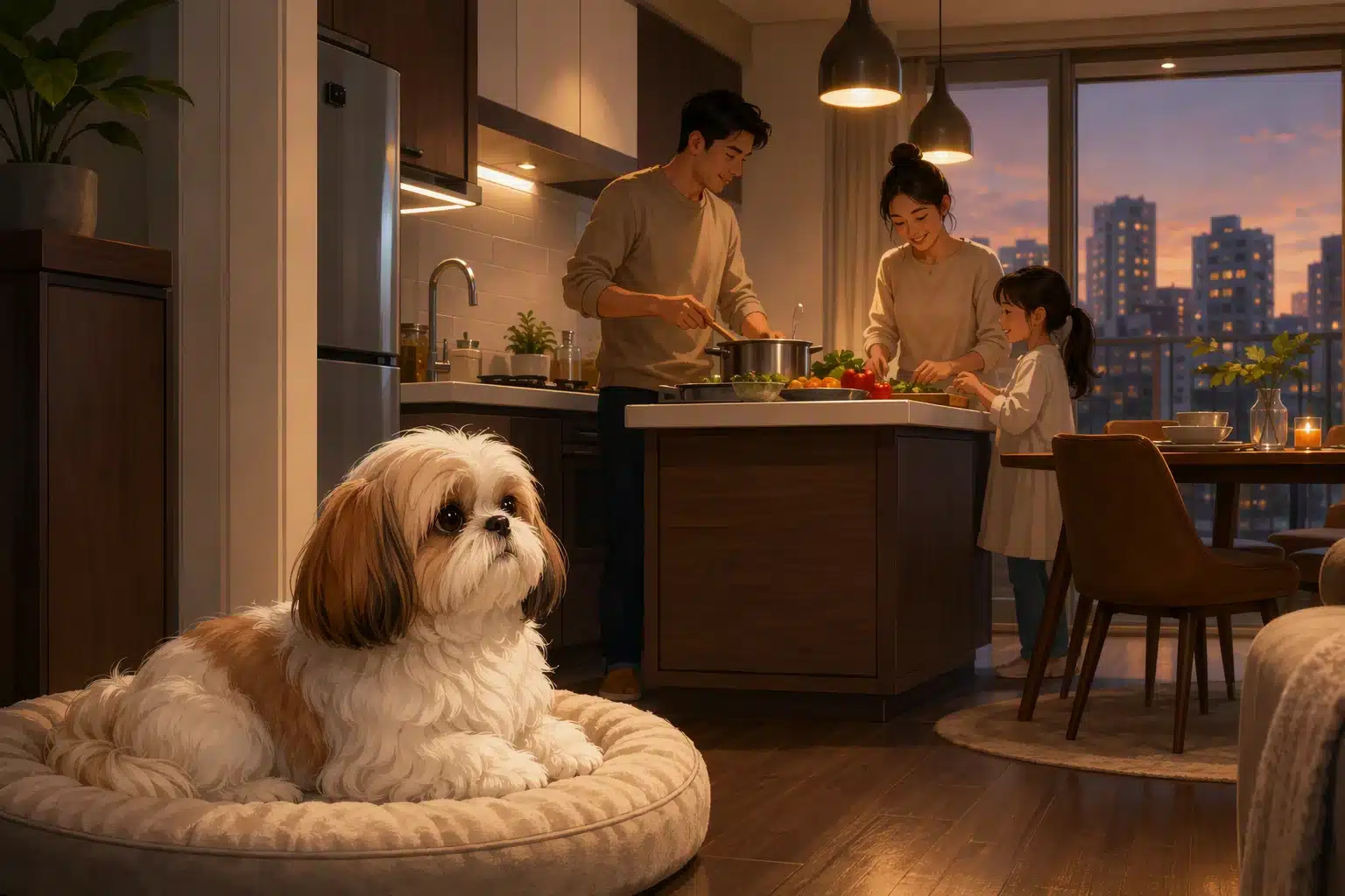 A Shih Tzu puppy watching a family cook