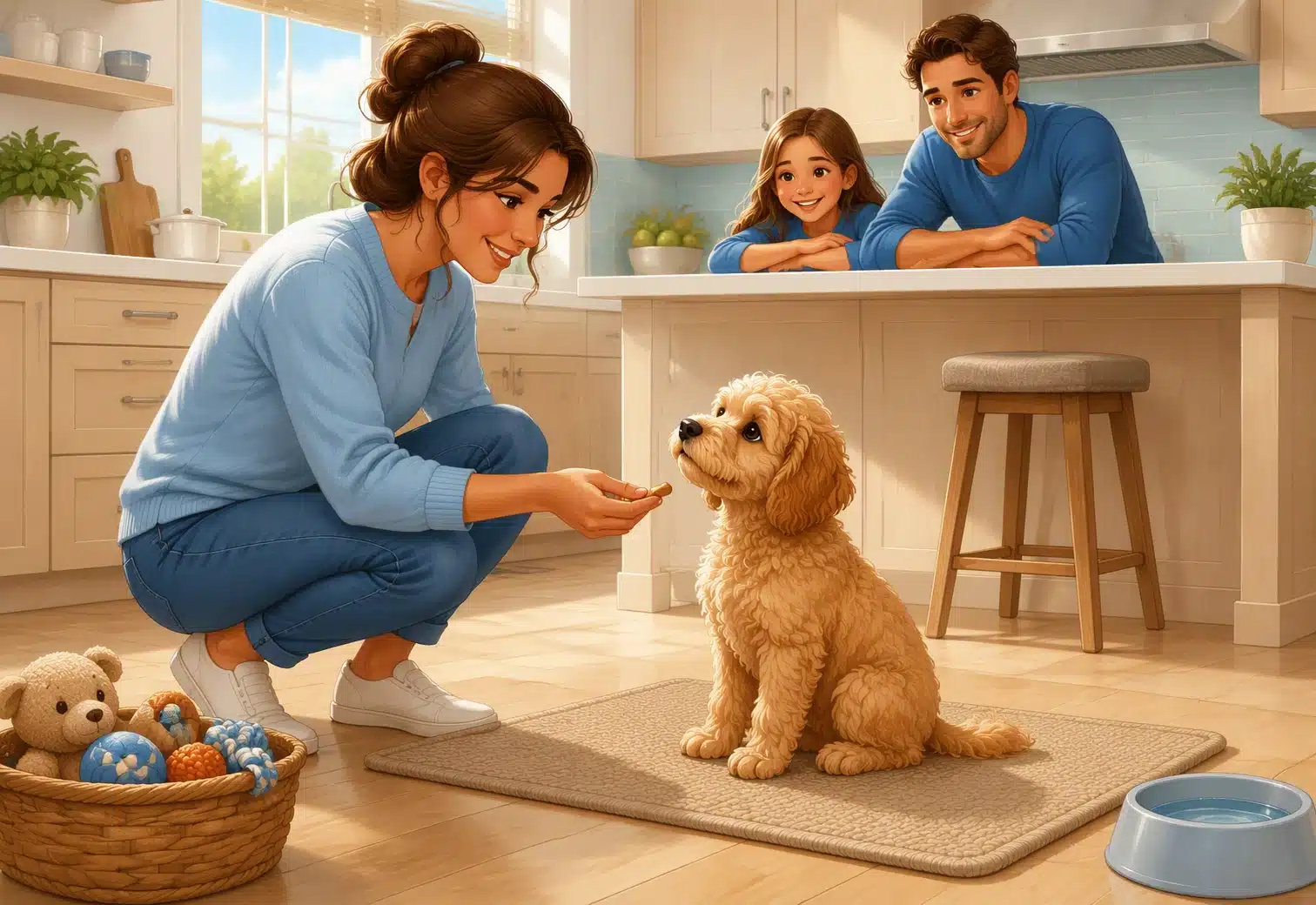 Apricot Havapoo puppy learning sit in bright kitchen