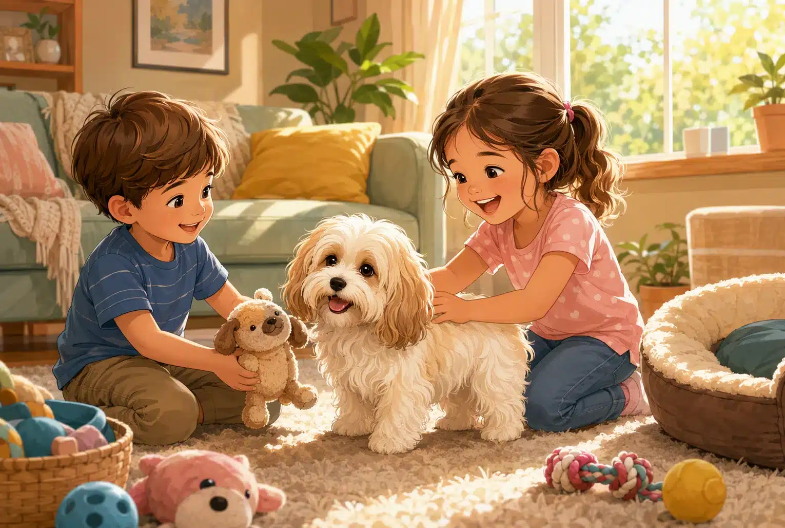 A Havanese puppy plays with two children in a sunny living room