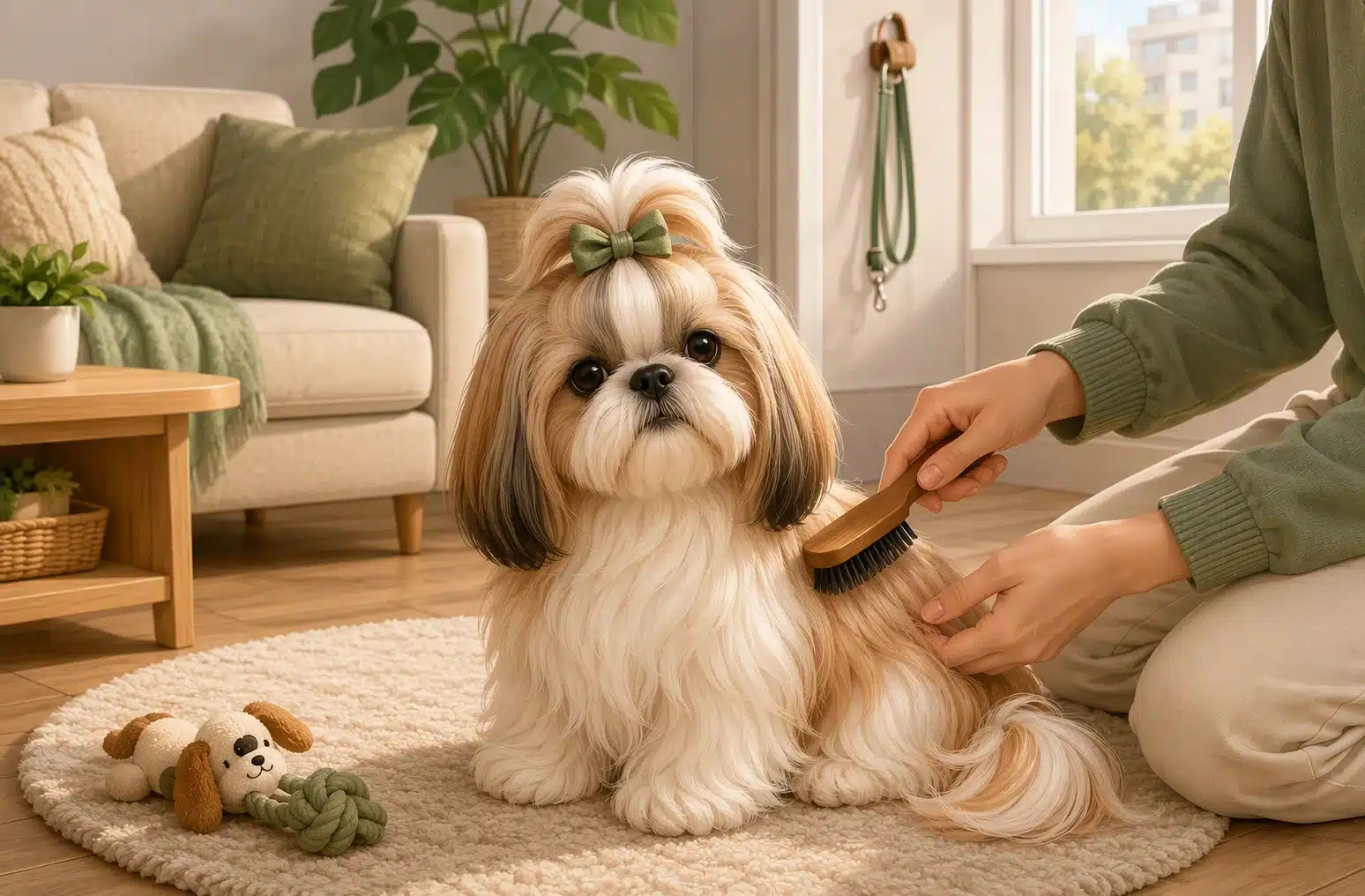 A Shih Tzu puppy being brushed by a window