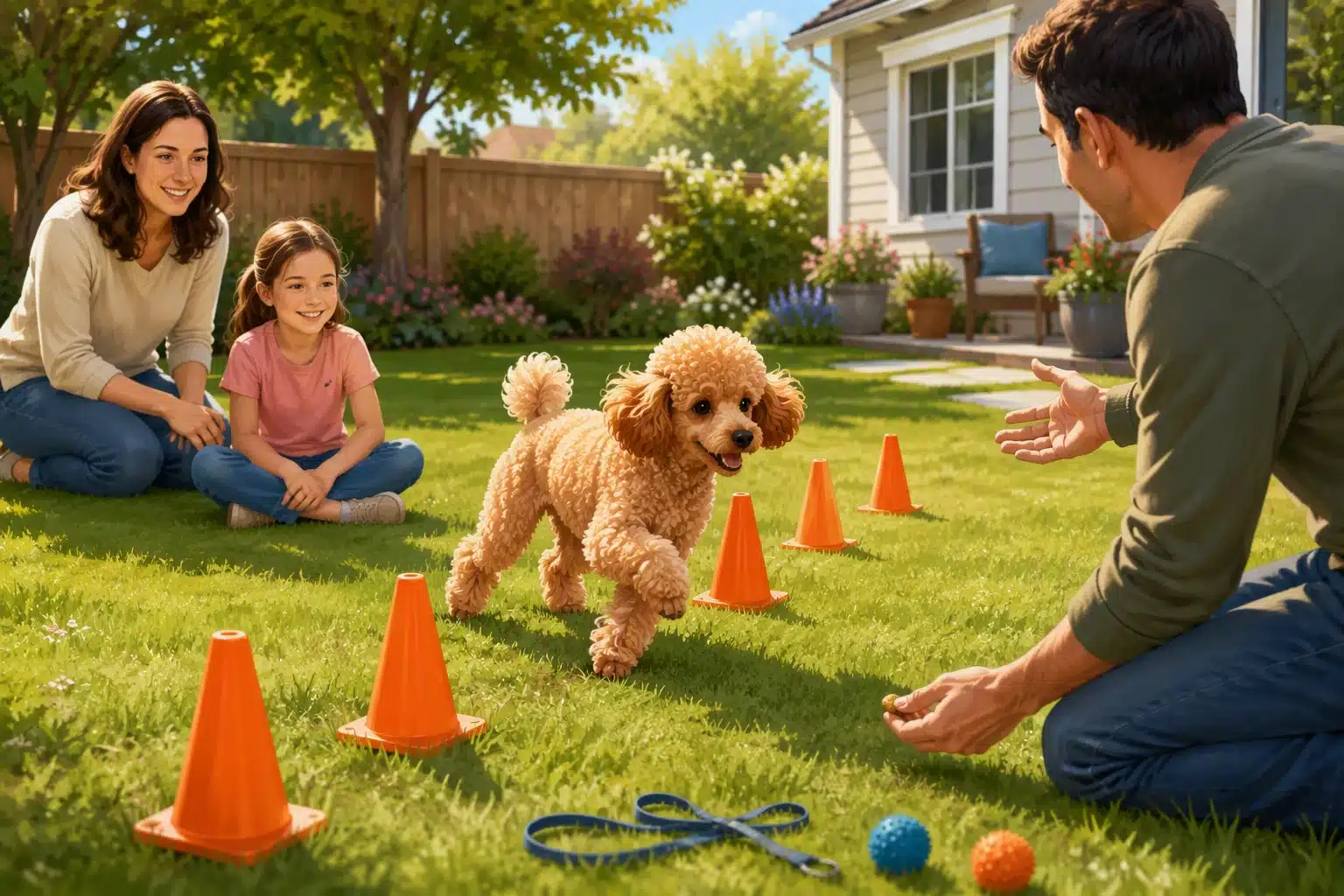 A poodle puppy weaving through backyard cones