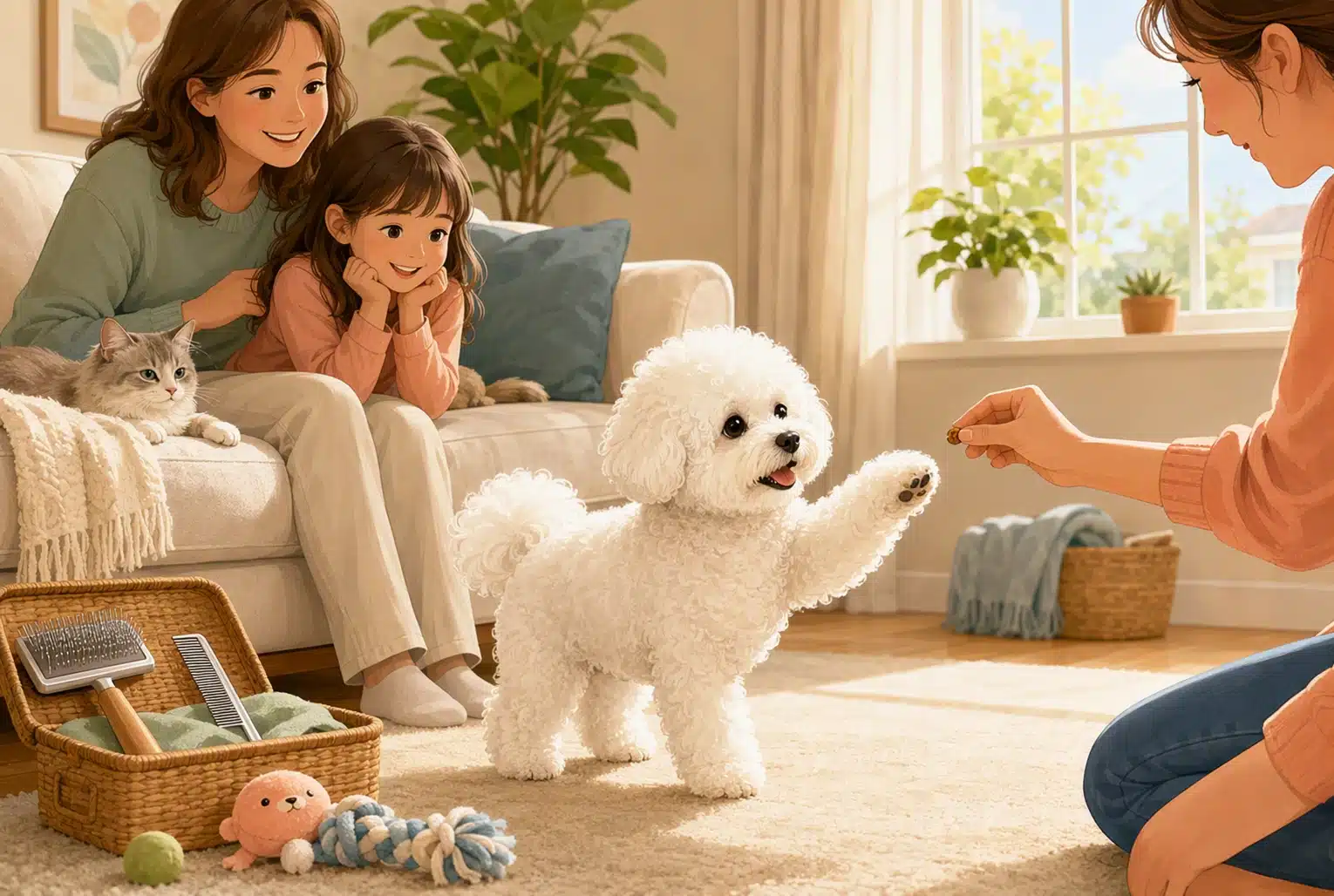 Fluffy Bichon Frise puppy offering paw beside sofa
