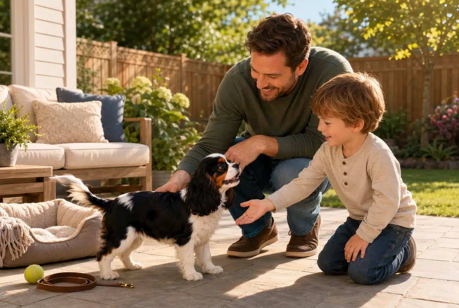 Warm backyard greeting with tricolor Cavalier puppy