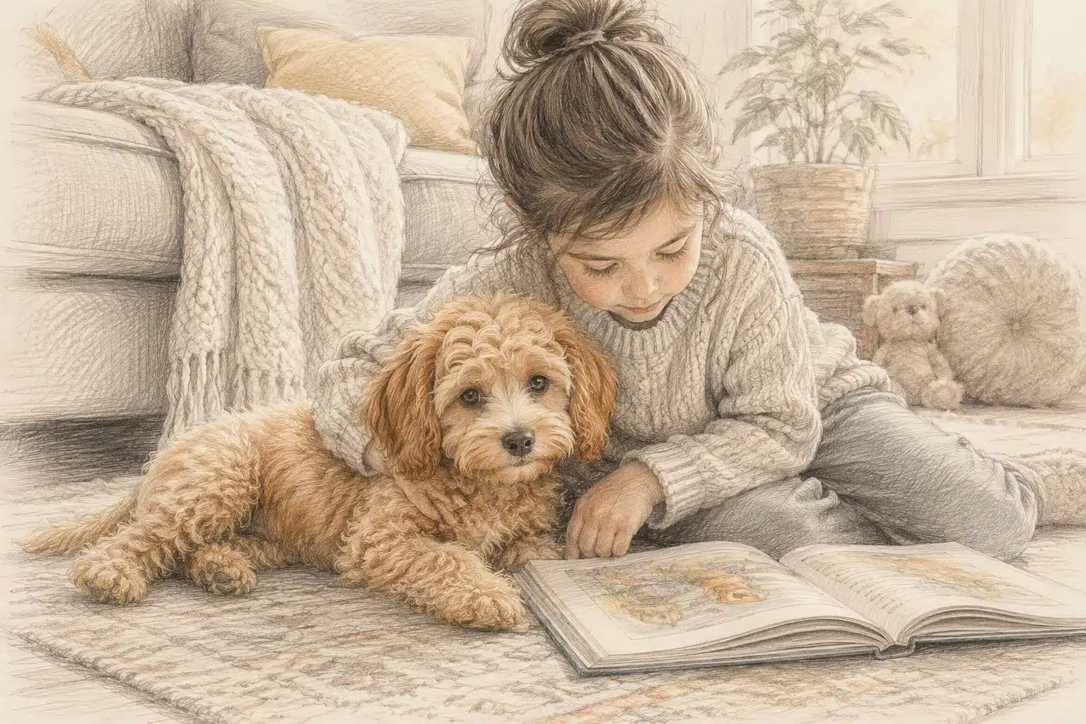 Apricot Cavapoo puppy resting beside reading child