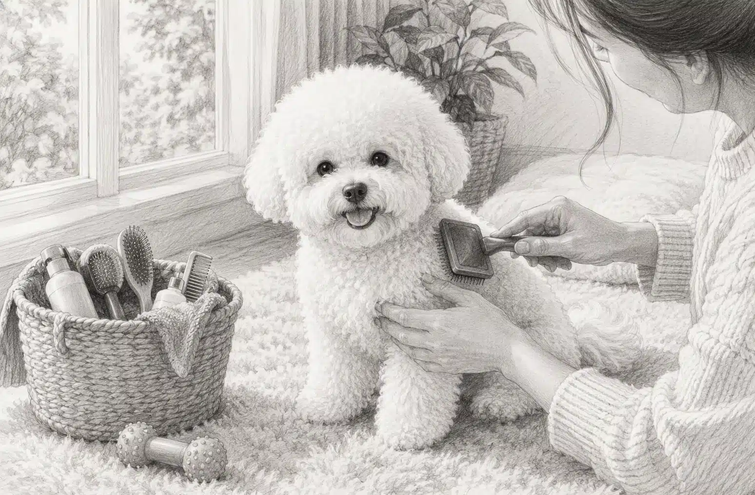 Fluffy white puppy brushed beside sunlit window