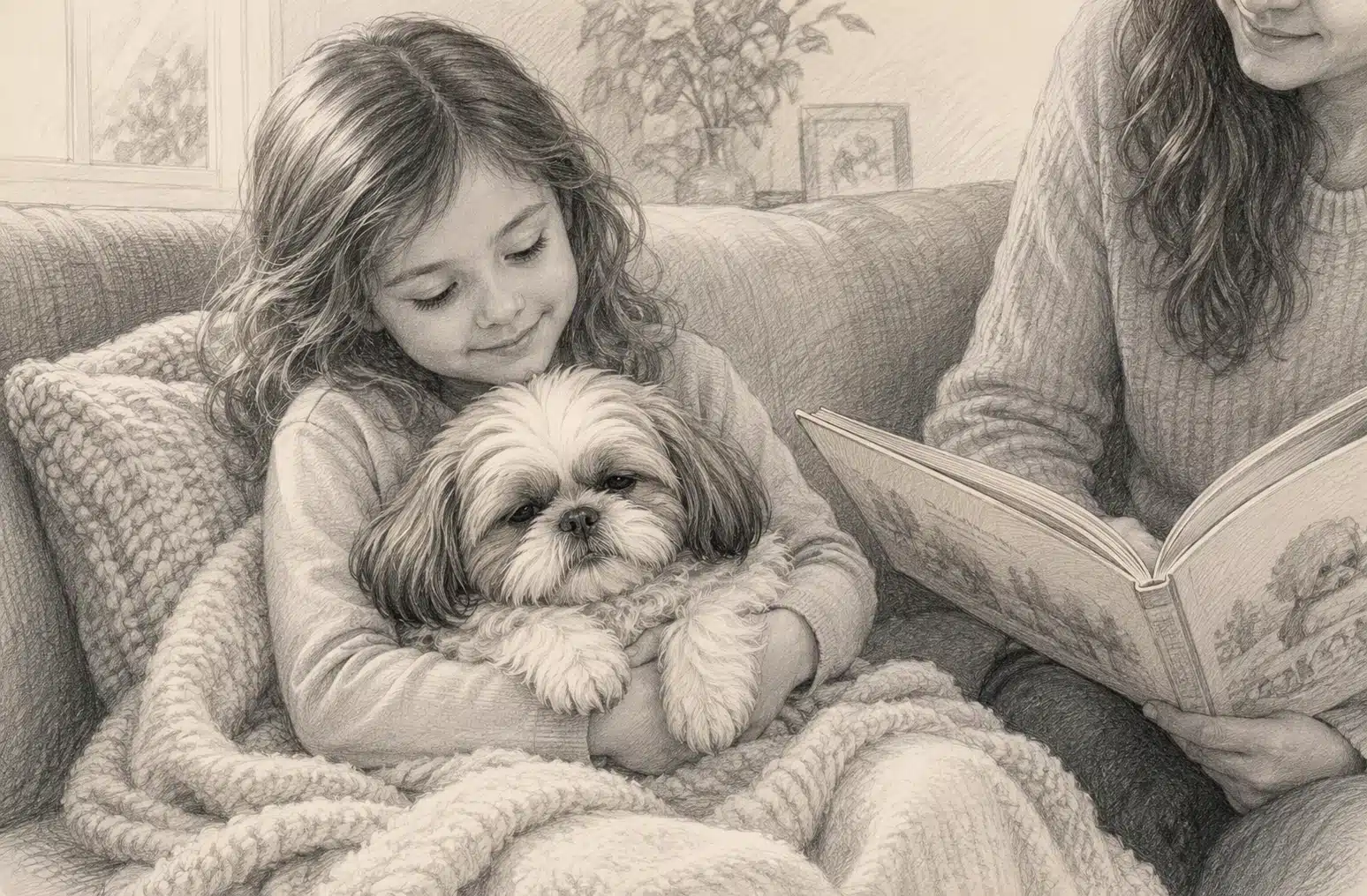Pencil sketch of a Shih Tzu puppy resting on a child's lap during a quiet storytime