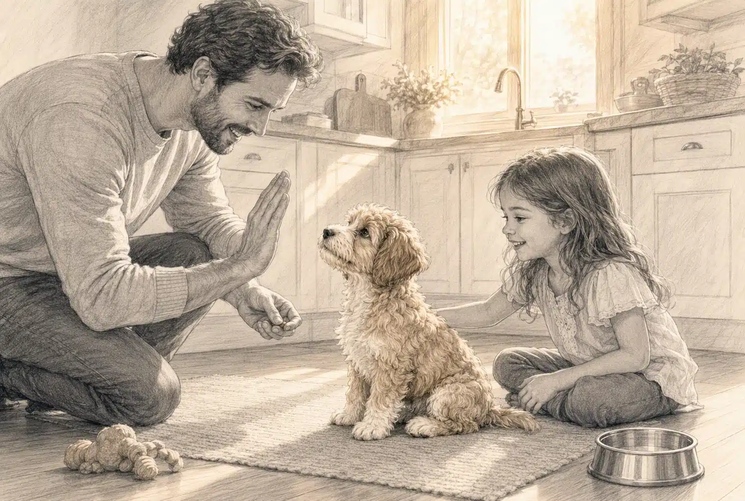 Curly Havapoo puppy sitting beside family in kitchen