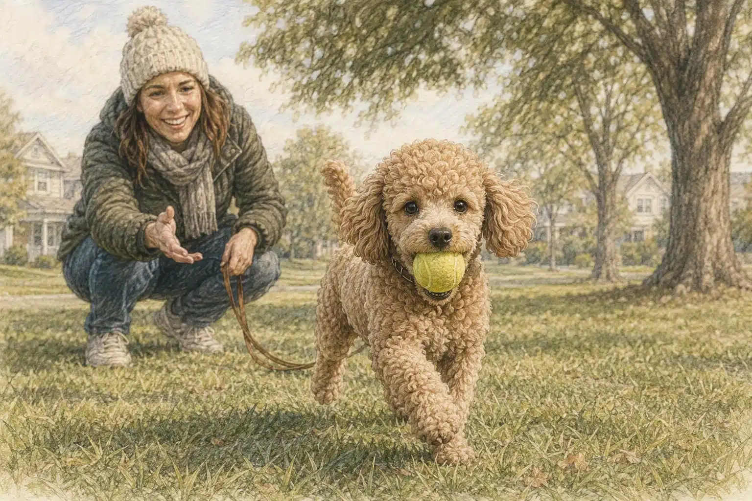 Miniature poodle puppy resting beside a tennis ball