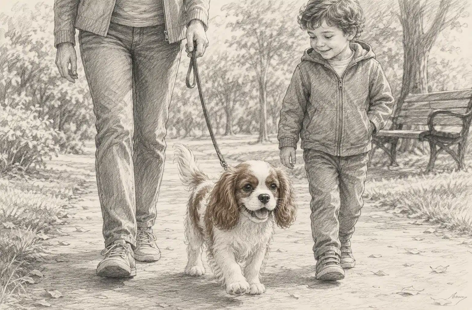 Pencil sketch of a family walking a Cavalier puppy
