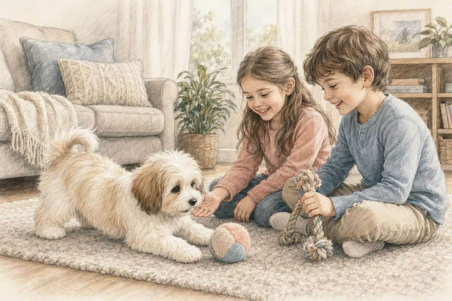 Havanese puppy playing with children in living room