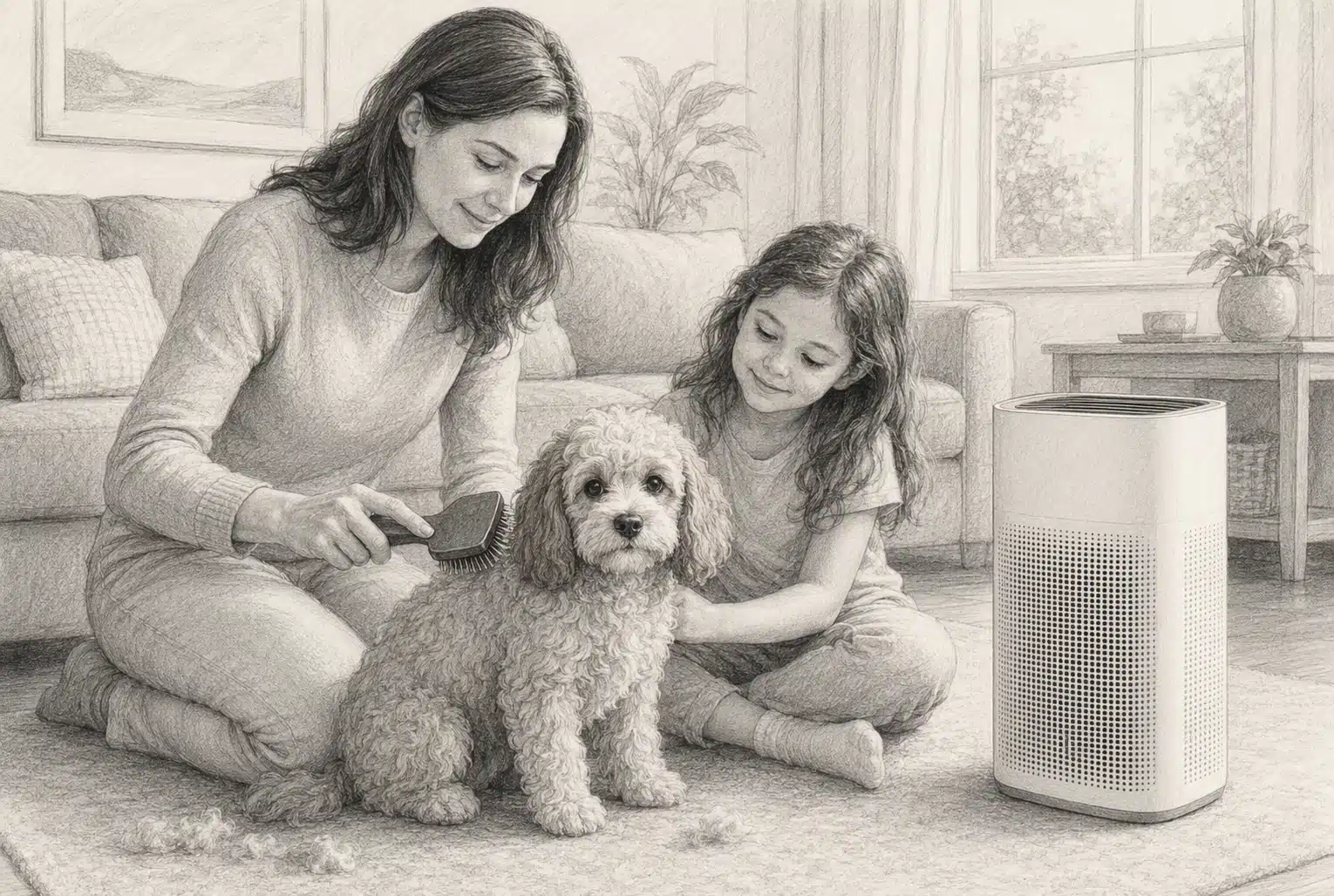 Family brushing a curly Cavapoo near an air purifier