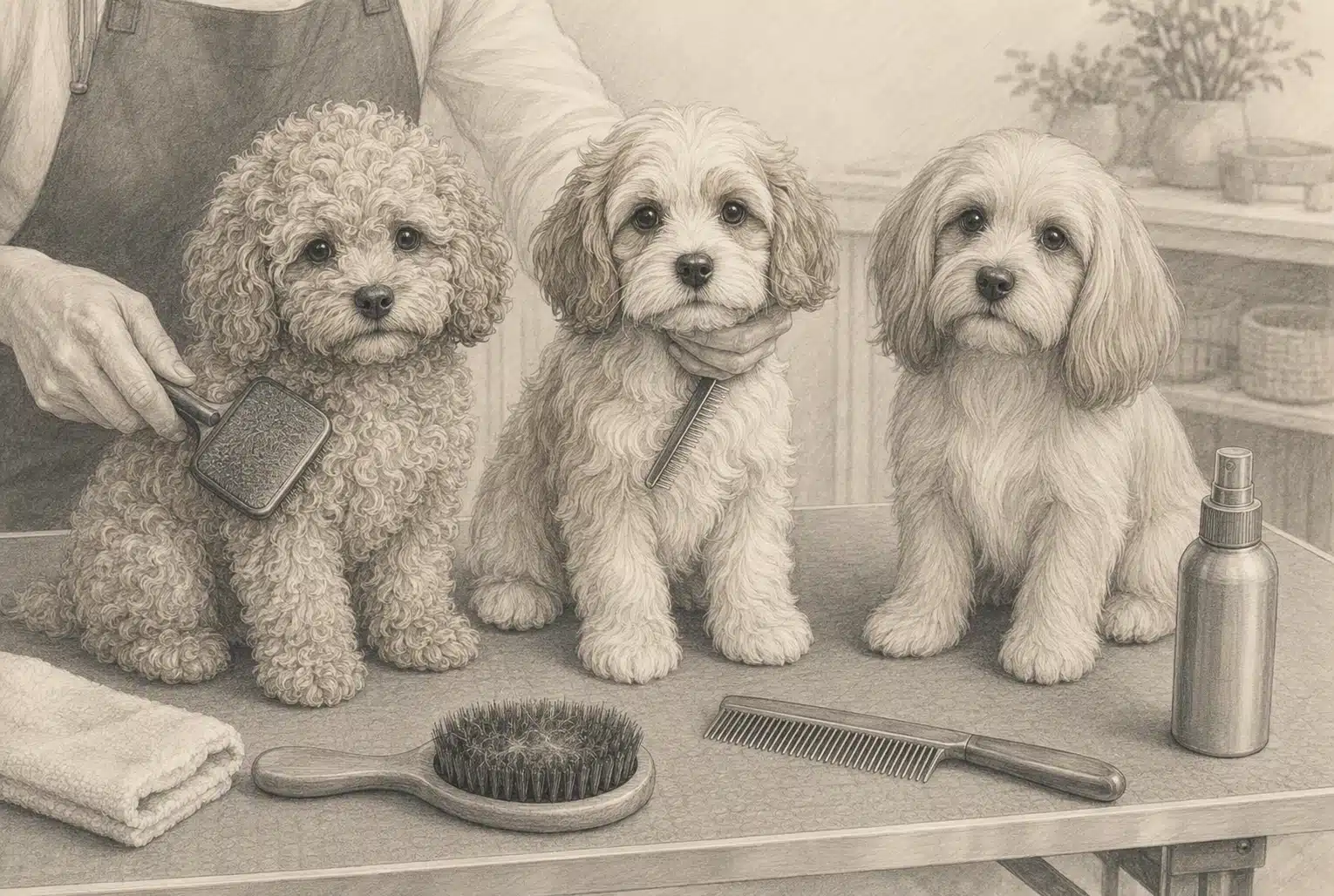 Pencil sketch of three Cavapoo coats during grooming