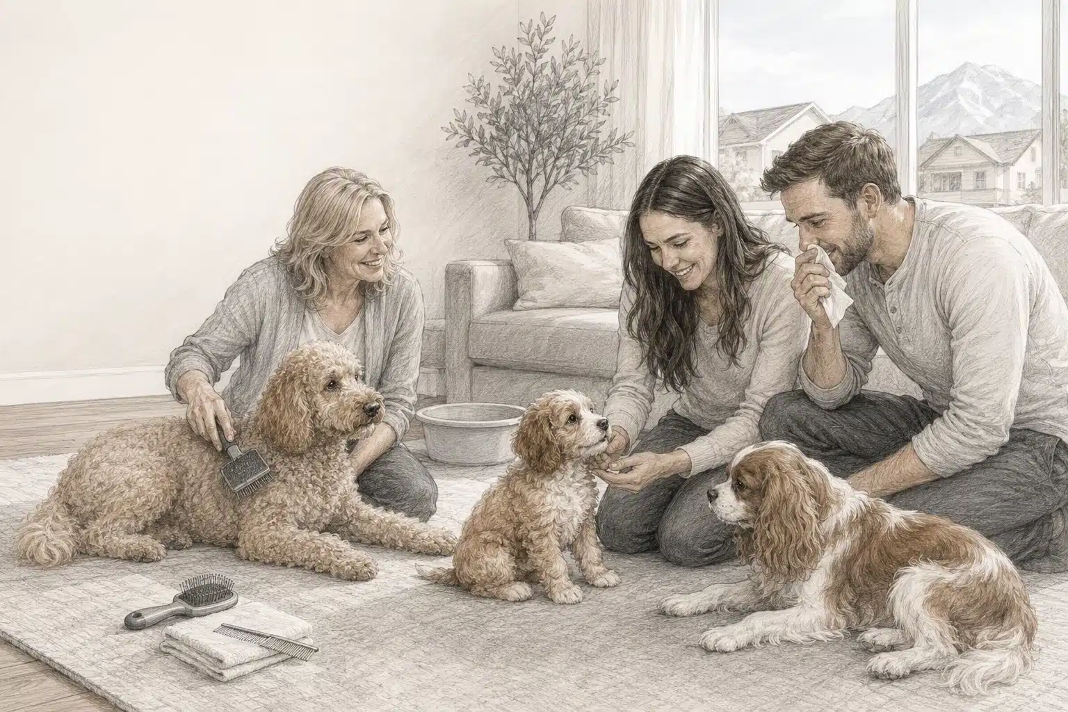 Couple meeting Cavapoo parents in cozy home