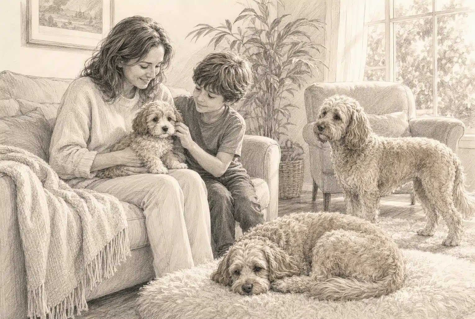 Pencil sketch of family meeting a Cavapoo puppy indoors