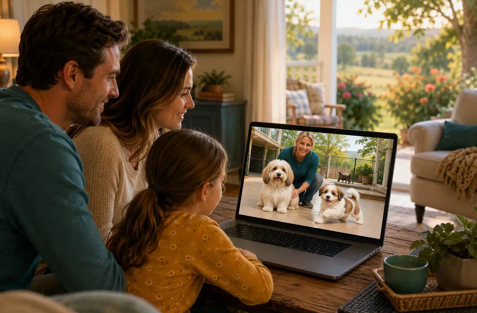 Family video-calling a breeder beside a playful puppy