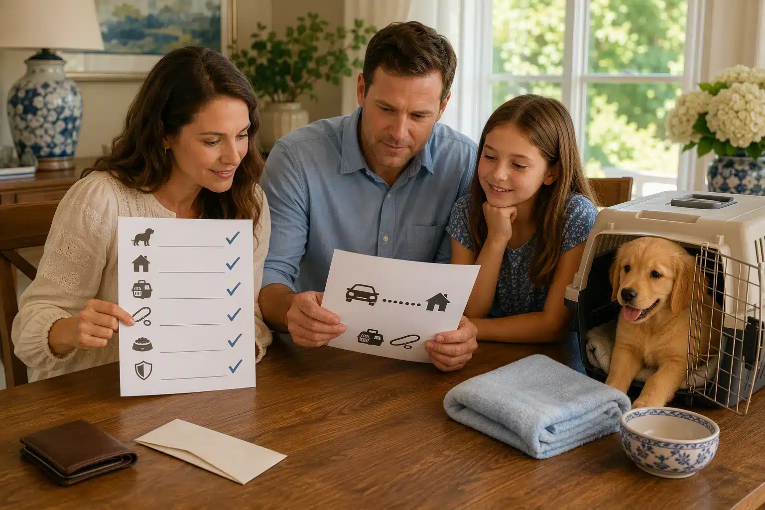 Family reviewing puppy cost paperwork at table