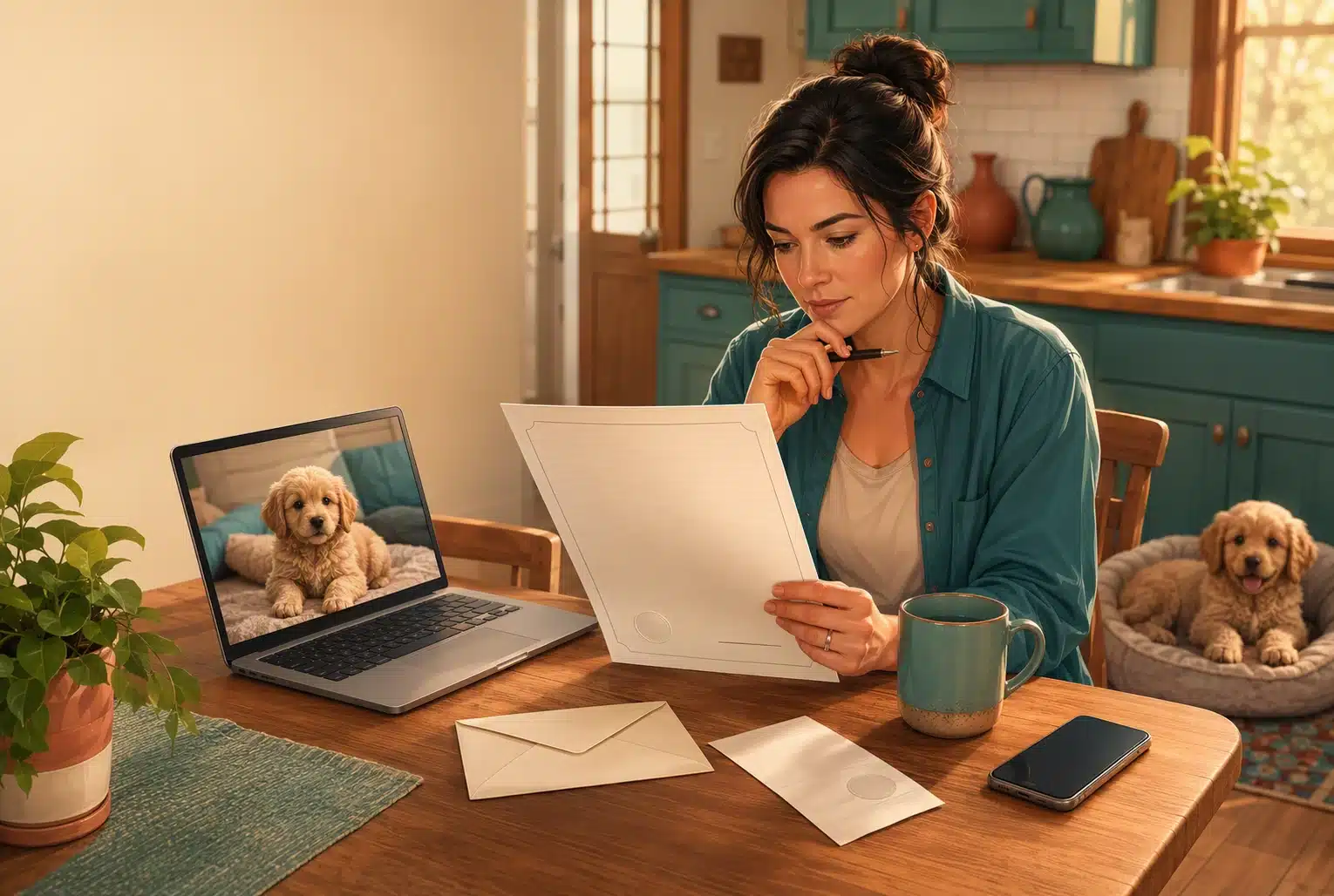 Parent reviewing puppy purchase contract with laptop