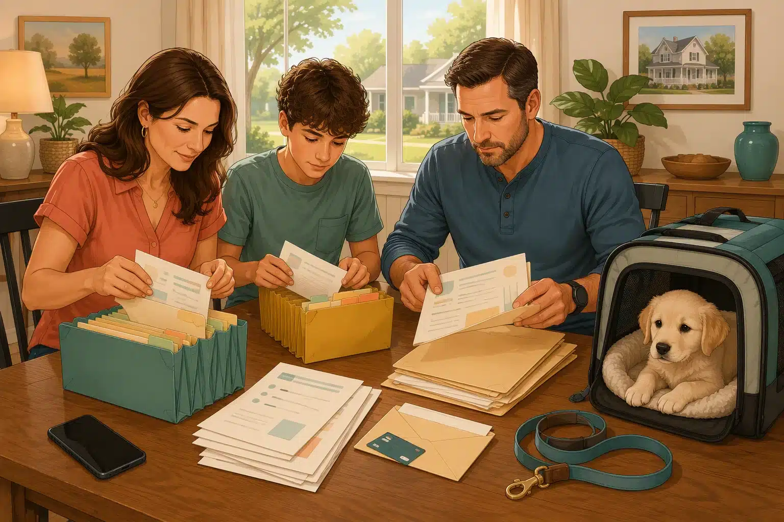 A family organizing puppy purchase paperwork into labeled folders at a home desk