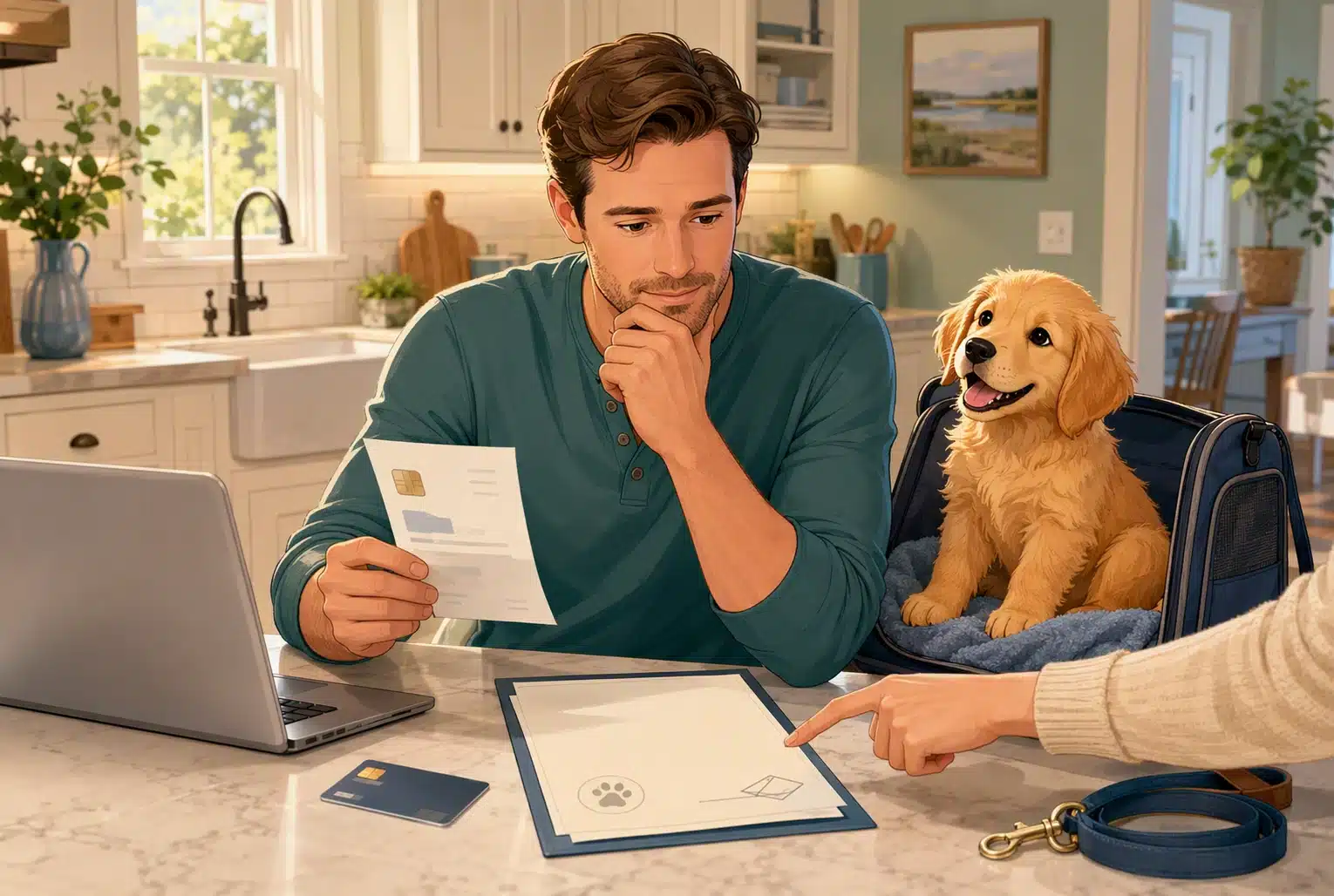 Parent reviewing a credit card receipt beside a puppy adoption agreement