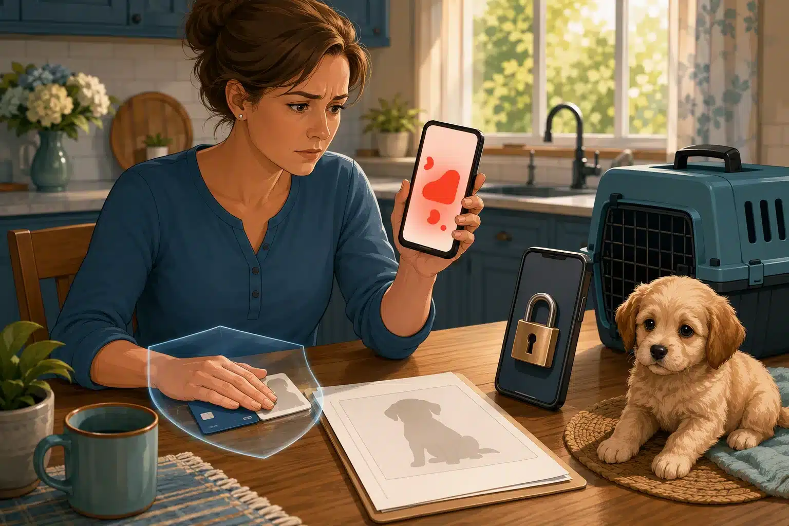 Parent reviewing breeder text beside locked smartphone
