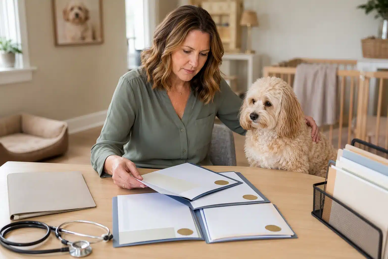 Breeder reviewing health certificates beside Havapoo mother