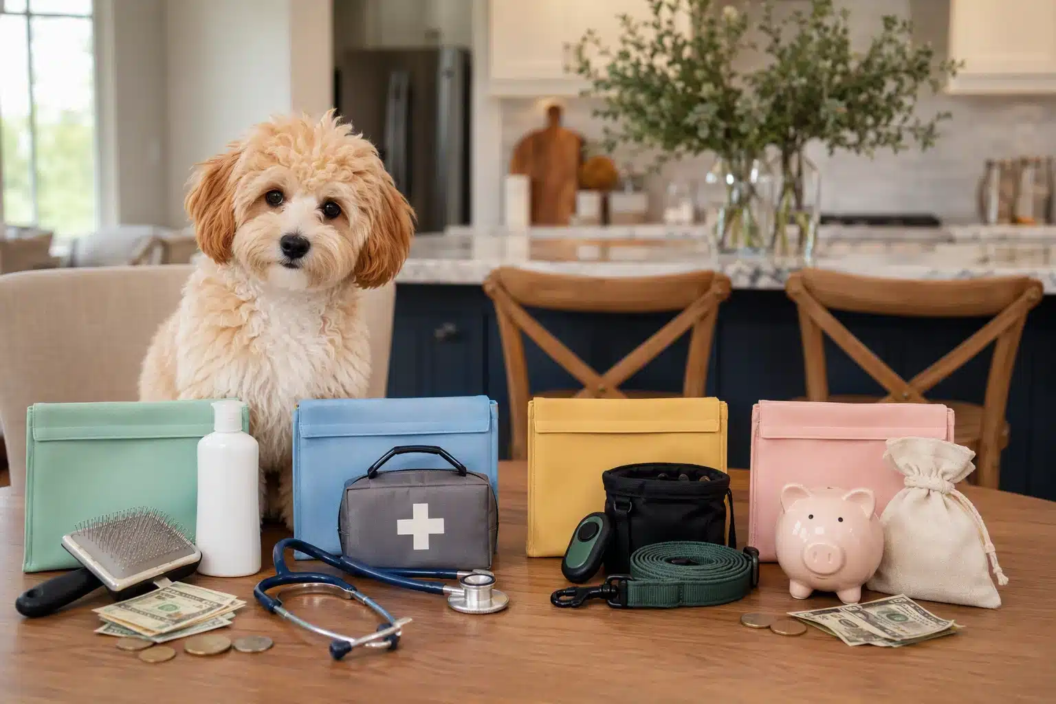 A clean budget infographic beside a Havapoo puppy