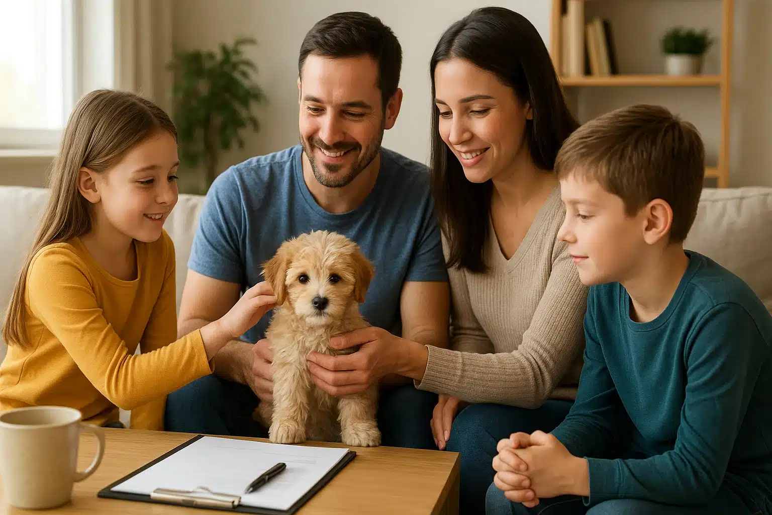Family comparing Havapoo puppies during breeder visit