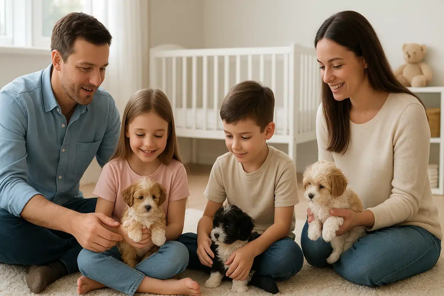 Family meeting playful Havapoo puppies in sunlit nursery