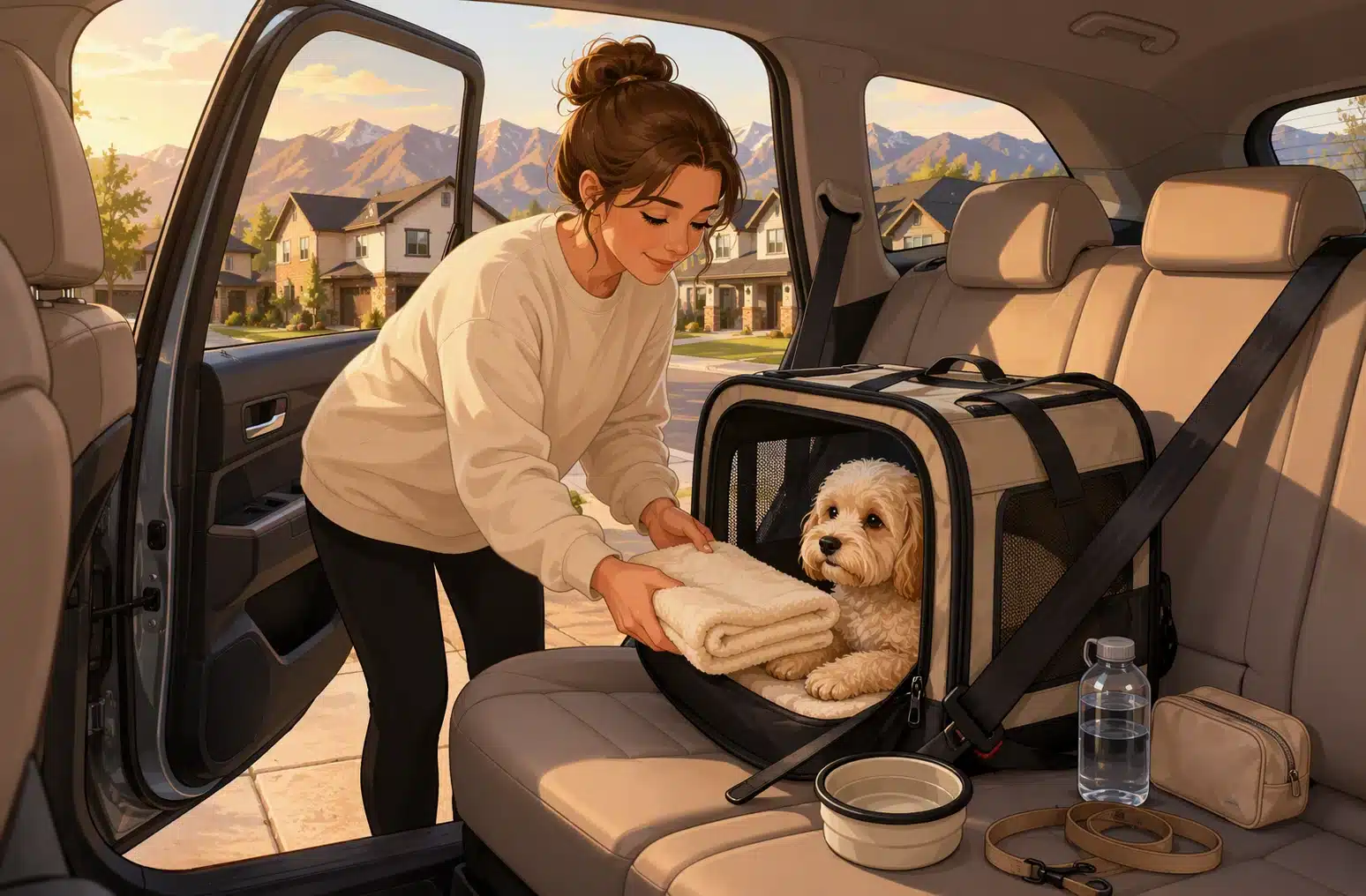Placing soft blanket inside carrier on SUV seat