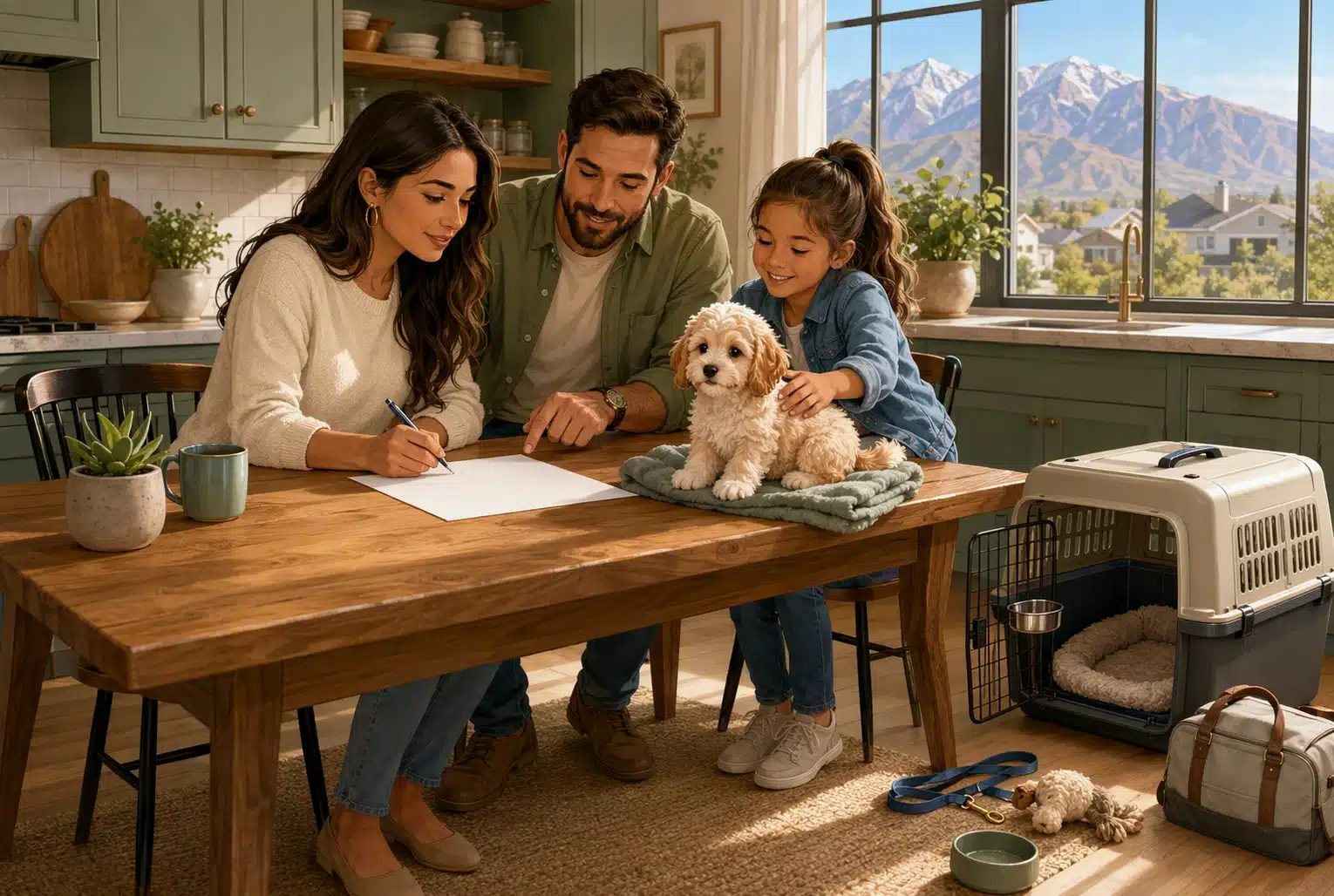 Family completing puppy application at kitchen table