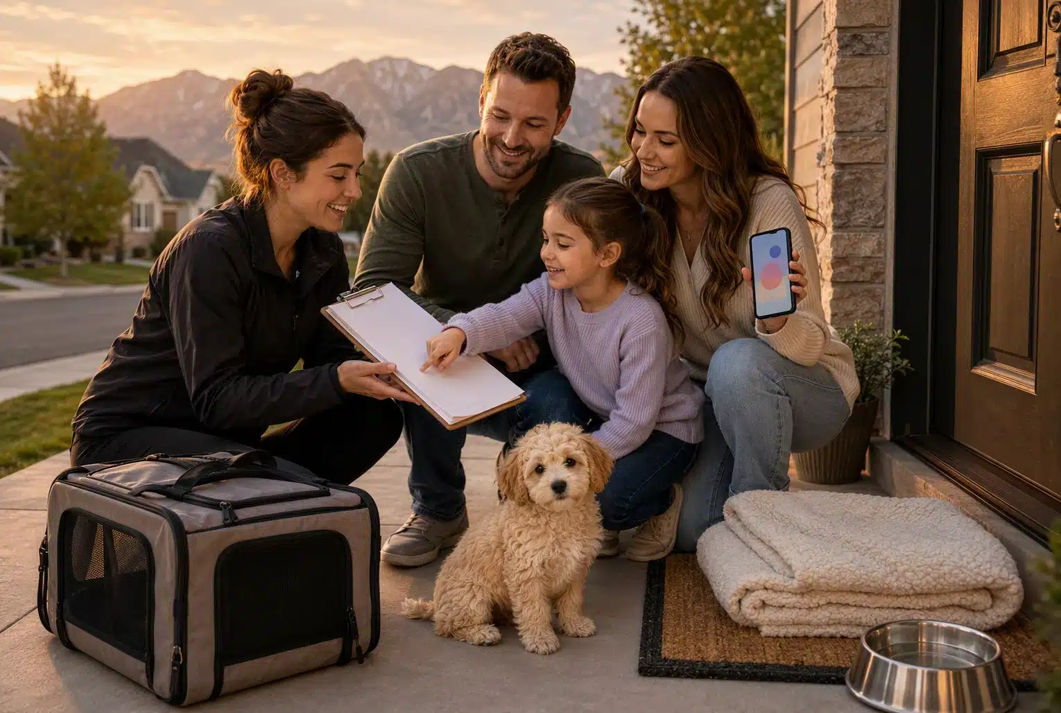 Breeder reviewing travel documents with new owners