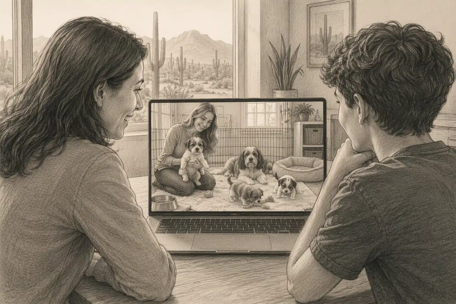 Arizona family video calling breeder with puppies